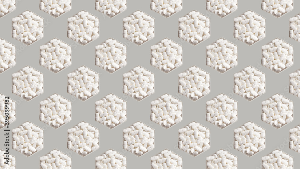 Medical pills in hexagonal jars on gray background