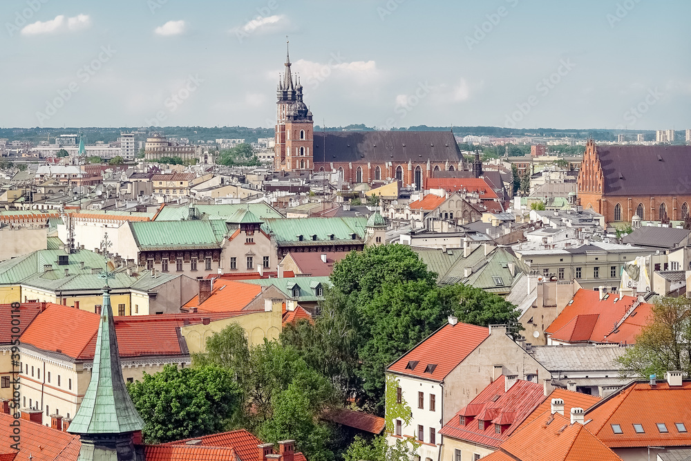 Church of Our Lady Assumed into Heaven, also known as Saint Mary's Basilica in Krakow with city panorama from Wawel Hill