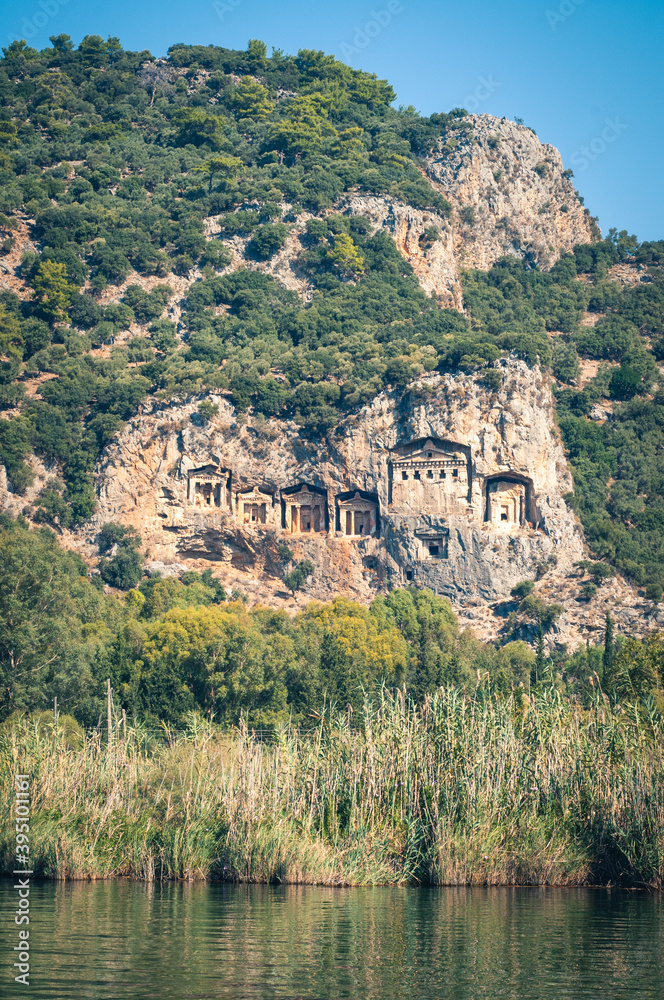 Lycian tombs on the Dalyan river. Ancient buildings.