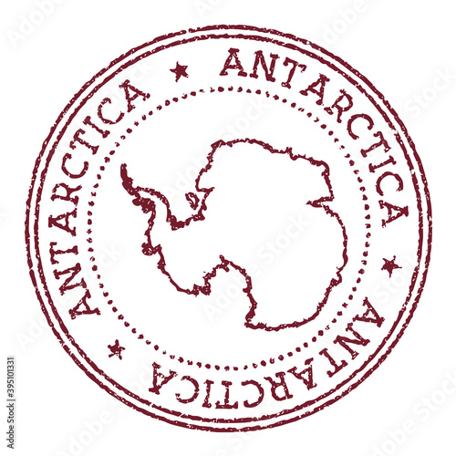Antarctica round rubber stamp with country map. Vintage red passport stamp with circular text and stars, vector illustration.