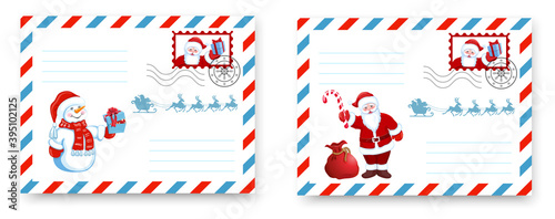 Christmas Envelope template. Layout letter to Santa Claus with cartoon Santa and Snowman with Christmas gift box.
