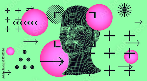 Silhouette of 3d low poly human head. Illustration in retrofuturistic style of 80's-90's years, vaporwave and synthwave bold brutal aesthetics.