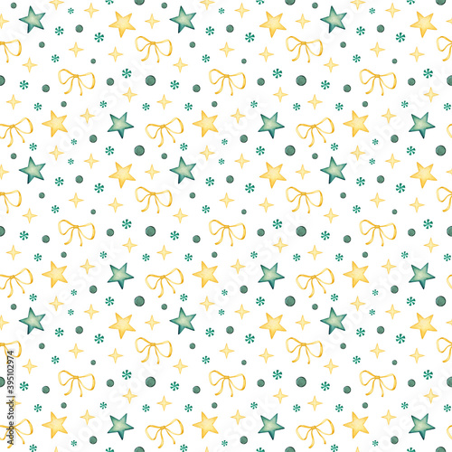 Seamless pattern with Watercolor Traditional Christmas green yellow festive elements.Holly leaf  ribbon  stars. Holiday Hand drawn background for scrapbooking  wrapping paper  textile  package