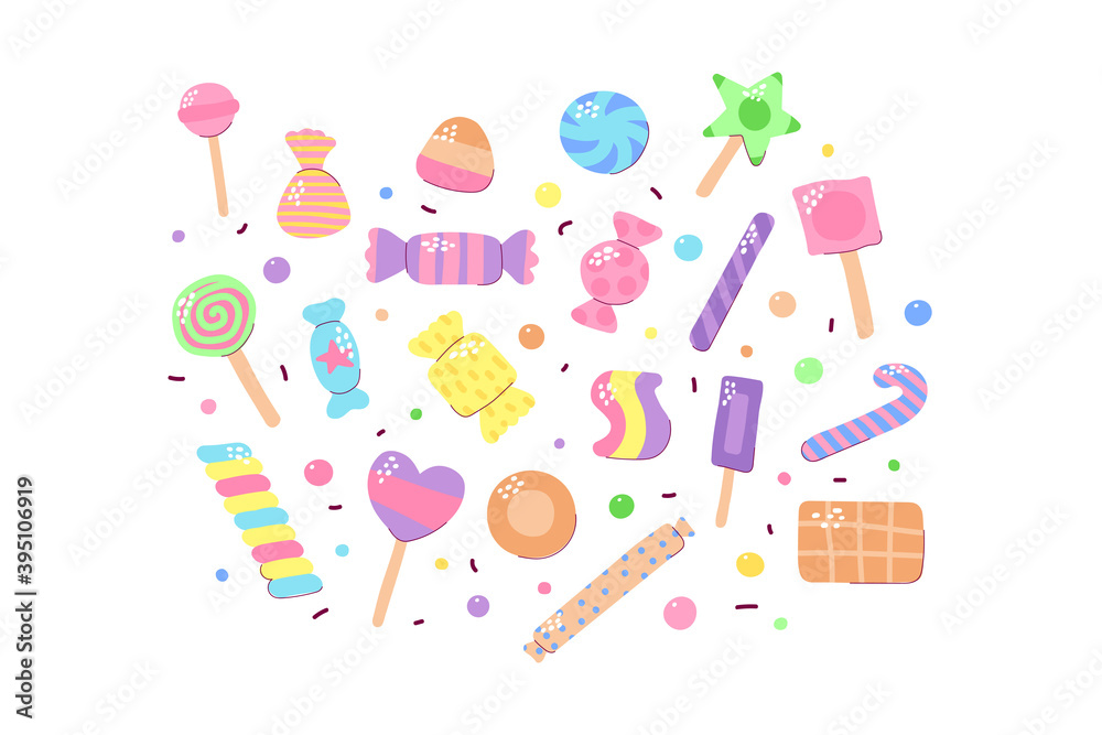 Cute multicolored candy set. Sugar Sweets isolated on white background. Gummy, Chocolate, Caramel, Lollipops, Jelly, Peppermint, Marmalade, Drops of different shapes. Vector Scandinavian illustration