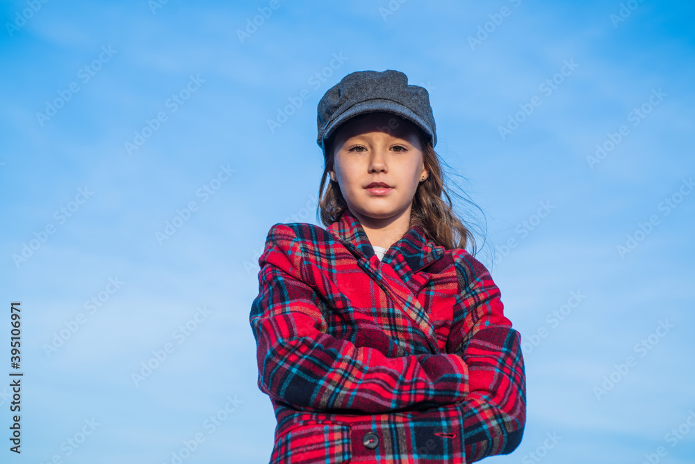cheerful parisian child has long hairstyle. stylish kid wear trendy french cap. seasonal autumn fashion look. teenage girl in checkered jacket. happy childhood. beauty and fashion cheerful parisian child has long hairstyle. stylish kid wear trendy french cap. seasonal autumn fashion look. teenage girl in checkered jacket. happy childhood. beauty and fashion