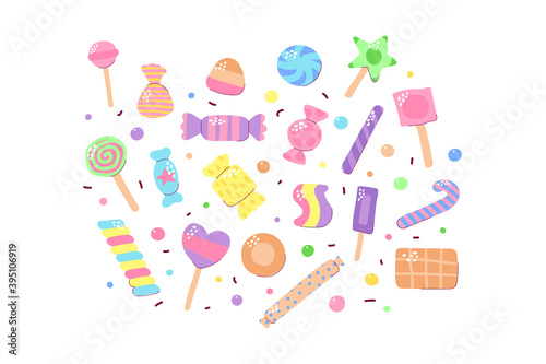 Cute multicolored candy set. Sugar Sweets isolated on white background. Gummy, Chocolate, Caramel, Lollipops, Jelly, Peppermint, Marmalade, Drops of different shapes. Vector Scandinavian illustration