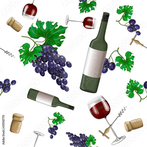 Seamless patterns on a white background from blue grapes, glasses of red wine, bottles, cork and corkscrew, can be used for packaging, fabrics. Stock vector illustration in cartoon style.