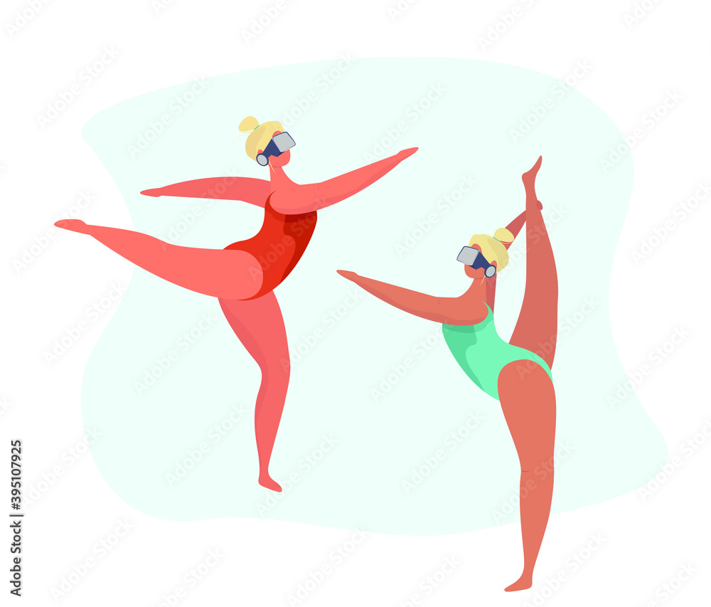 Pretty Gymnasts using a VR Headset and Experiencing Virtual Reality.People Wearing a Virtual Relaity Headset.Teenage Girls and Hi Tech.Flat Vector Illustration