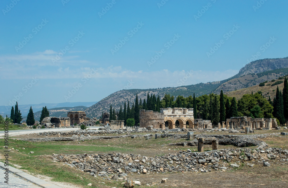 Landscape with antique ruin. Pamukkale. Turkey
