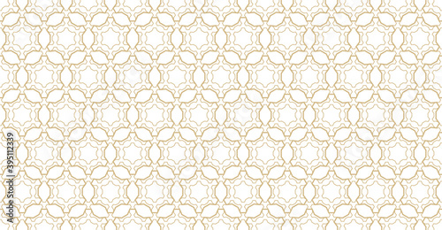 Abstract geometric seamless pattern. Golden lines texture, subtle elegant lattice, mesh, weave, hexagons, diamonds. Oriental luxury background. Ornament, repeat tiles, modern design. Stock vector