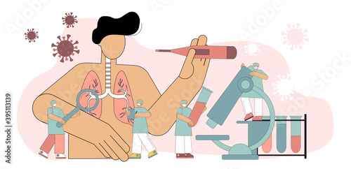 Inspection, inspection. Medical workers, doctors examine a patient suspected of being infected with the coronavirus disease COVID-19. Blood test, vaccines. Vector illustration on a white background.