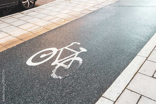 Overhead view of a bicycle lane in the city - in Stockholm, Sweden
