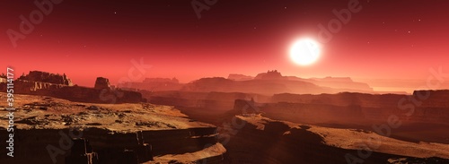 Mars at sunset, Mars at sunrise, mars surface, panorama of mars, banner, 3d rendering