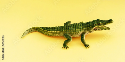Childrens rubber toy of green crocodile alligator with open mouth on yellow background