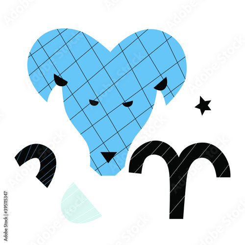 Aries zodiac abstract flat vector . Geometric diferent shapes and line, texture. All elements are isolated. Aries  constellation illustration. Scandinavian desig. Collage. Nursery horoscope set.