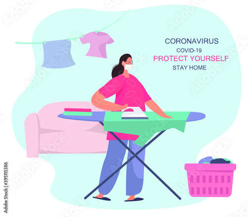 Housewife Ironing Clothes on Board during Covid 19.Female Character Home Work.Washing Clothes in Machine and Iron on Board.Clothes Dry on a Clothesline.Domestic Working.Flat Vector Illustration