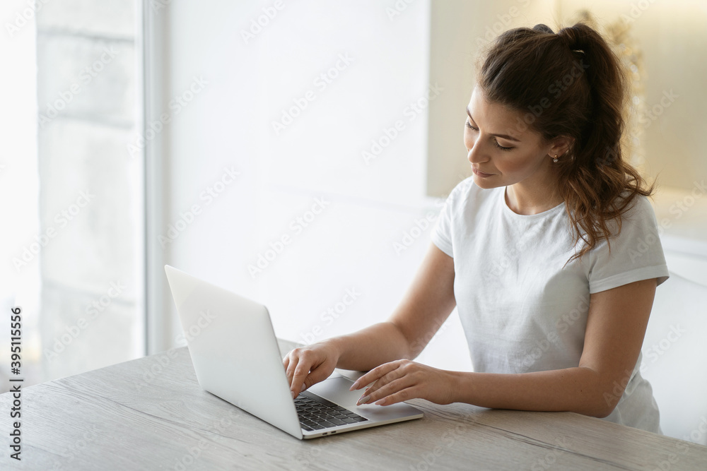 A woman is engaged in online shopping in the website app on a laptop computer gadget, shopping home for food products from a store near her home. Copy space A woman is engaged in online shopping in the website app on a laptop computer gadget, shopping home for food products from a store near her home. Copy space