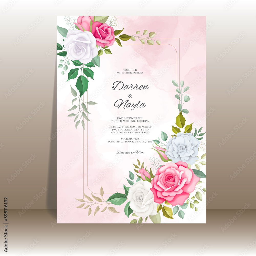 Wedding invitation floral with beautiful flower and leaves