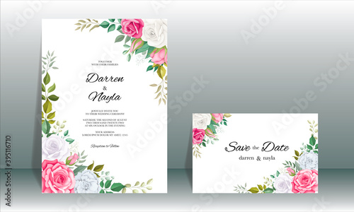 Wedding invitation floral with beautiful flower and leaves