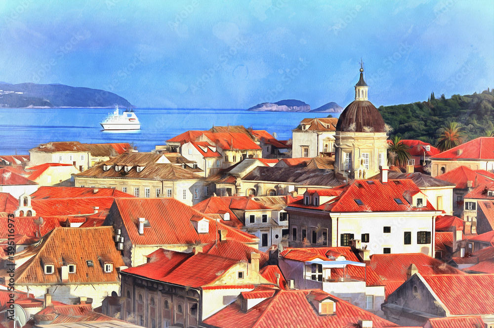 Cityscape of Dubrovnik old town colorful painting looks like picture, Dalmatia, Croatia.