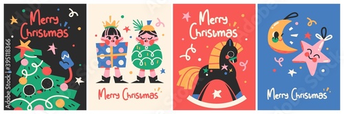 New Year 2021 And Christmas Greeting Card collection. Cute holiday characters and situations