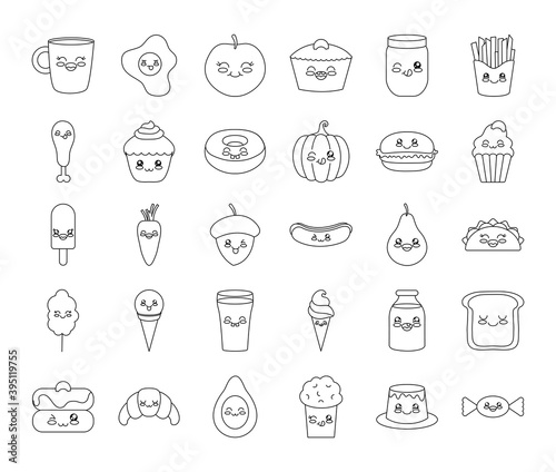 kawaii coffee mug and food icon set, line style
