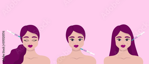 Beauty injection. Lip fillers, hyaluronic acid. Collection of girls in beauty industry. Cosmetic procedure and injection concept. Vector illustration.