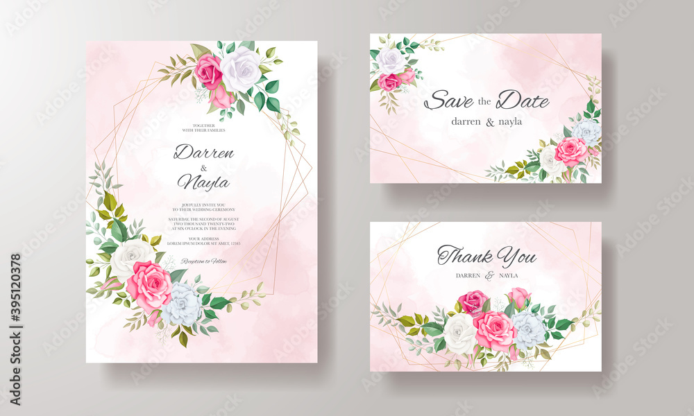 Wedding invitation floral with beautiful flower and leaves