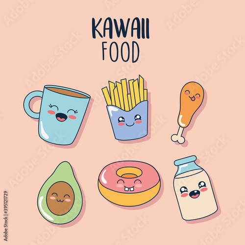 kawaii donut and food icon set, flat style