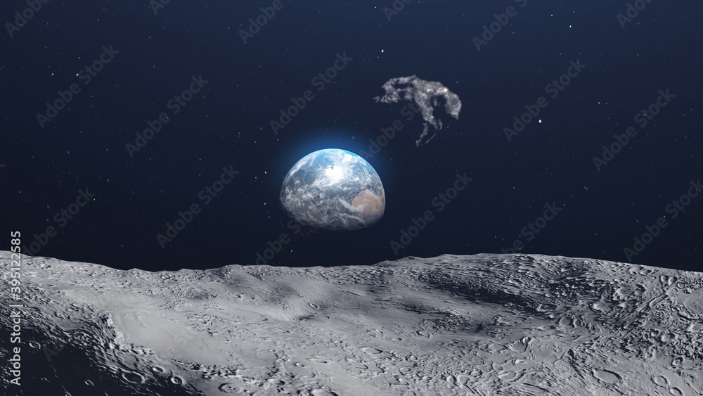 Obraz premium Asteroids meteor rock Flying close to moon toward earth 3d rendering cinematic vision, outer space view 