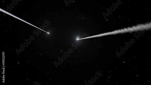 3d rendering-Asteroids Comets flying in deep space with stars