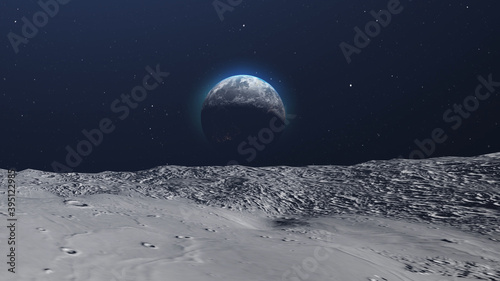 3d rendering-Planet Earth revealed from moon rocky surface