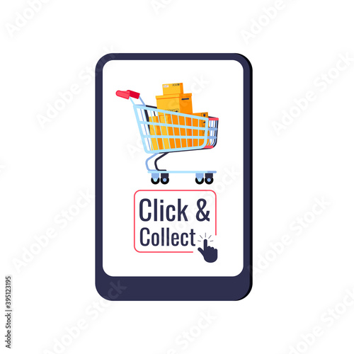Click and collect delivery retail icon isolated on white background. Buy and pick concept – shopping cart on tablet screen with click collect and arrow. Flat design cartoon style vector illustration