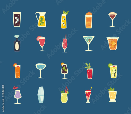 set of delicious and fresh cocktails on blue background