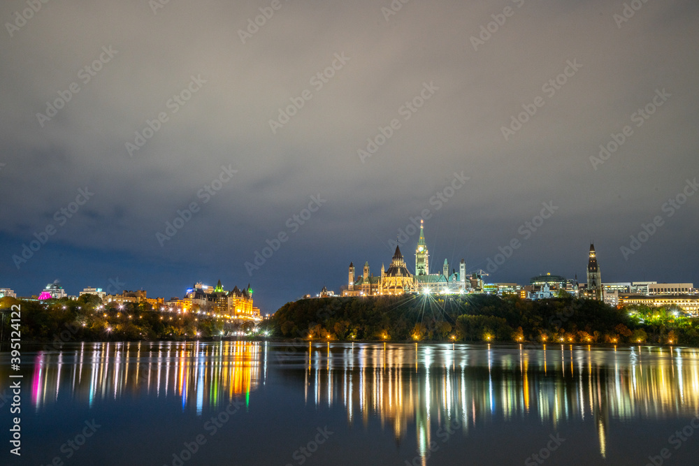 Nighttime view of Parliament Hill in Ottawa, Ontario 