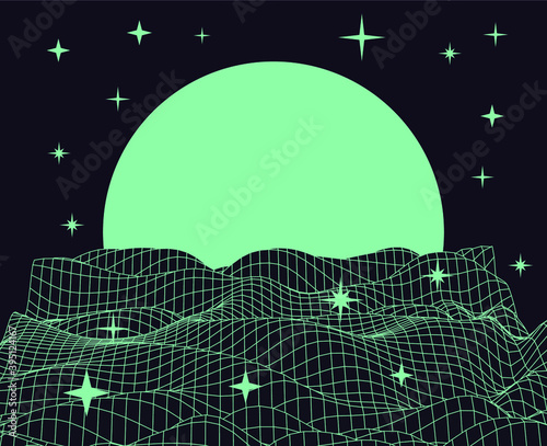Retro Synthwave Sunrise. Futuristic  sci-fi landscape with sun above the endless laser grid like in old arcade video games of 80's and 90's years.