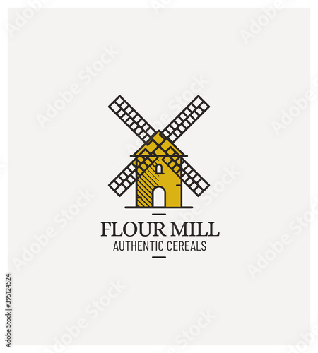 tampon moulin, architecture, producteur de farine, céréales, variétés anciennes, logo, label, cachet, rétro, trait, illustration