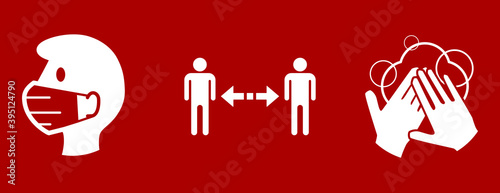 Set of Coronavirus Covid-19 Measure Signs including Wear a Face Mask, Keep Your Distance and Wash Your Hands. Vector Image.