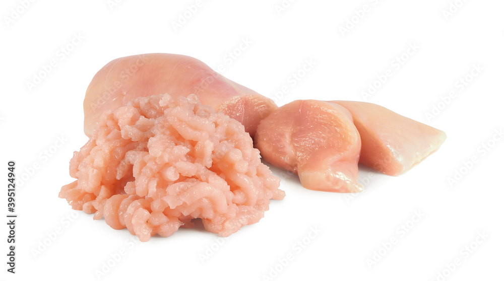 Minced meat of chicken fillet with sliced breast isolated on white background Minced meat of chicken fillet with sliced breast isolated on white background