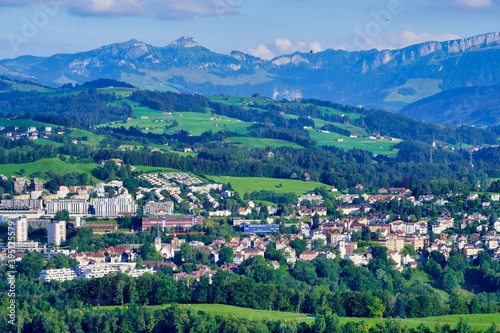 A view over St. Gallen-Bruggen, some Appenzell hills and the mountain range of the Alpstein with Mount Hoher Kasten.