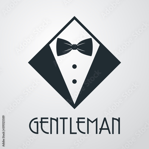 Logotipo con texto GENTLEMAN con esmoquin en rombo en fondo gris