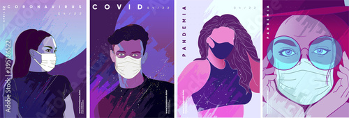 Set of vector posters. Art work about coronavirus and pandemic, people in medical masks and futuristic background. Contemporary fine arts. COVID-19