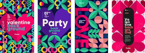 Valentine's day posters, valentines with abstract, geometric background. Geometric prints, geometric patterns. Set of vector posters or event banner.