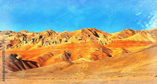 Scenery mountain landscape looks like drawing, Flaming Mountains, Silk Road, China.
