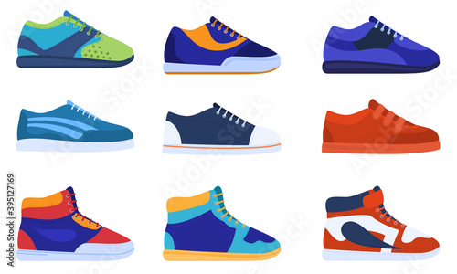 Set of shoes. Sneakers side view. Isolated vector illustration