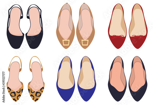 Set of shoes. Women's shoes, top view. Leopard shoes. with buckles. Isolated vector illustration