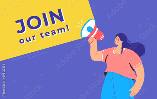 Join our creative team concept illustration of happy woman shouting on megaphone to invite new teammates for new project. Flat vector design for web banner for hiring to the project and increase staff