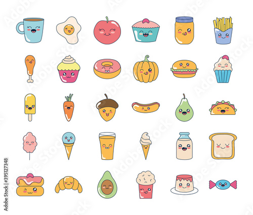 kawaii coffee mug and food icon set, flat style