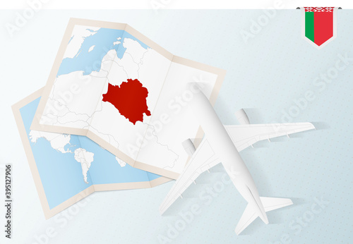 Travel to Belarus, top view airplane with map and flag of Belarus.