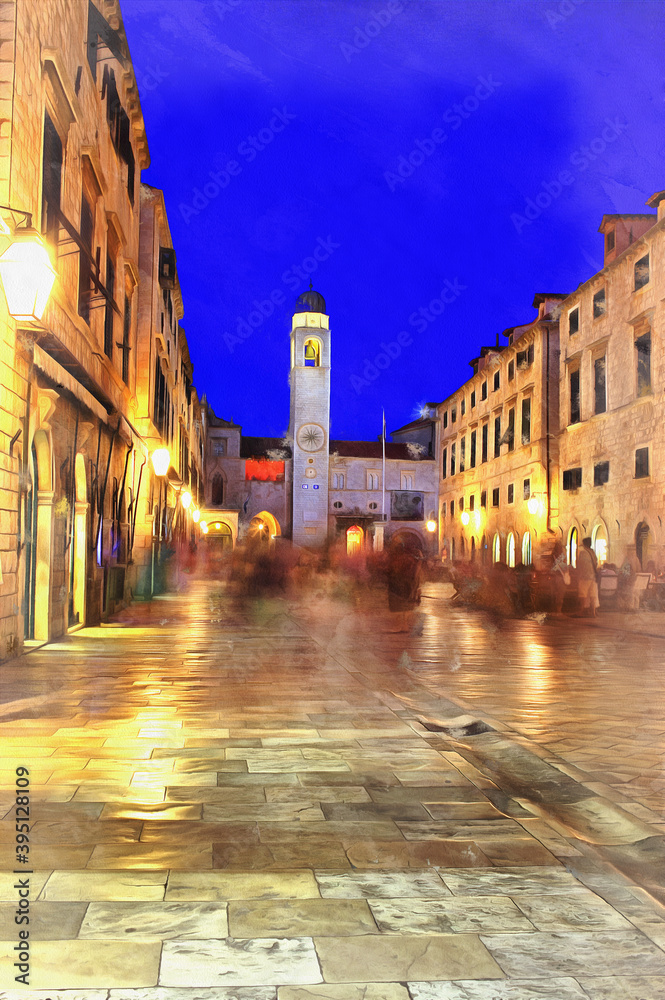 Naklejka premium Old town in the evening colorful painting looks like picture, Dubrovnik, Dalmatia, Croatia.